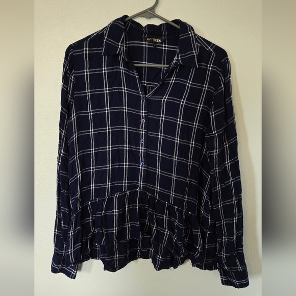 Express Navy Plaid Peplum Hem Shirt Size Medium - Picture 1 of 6